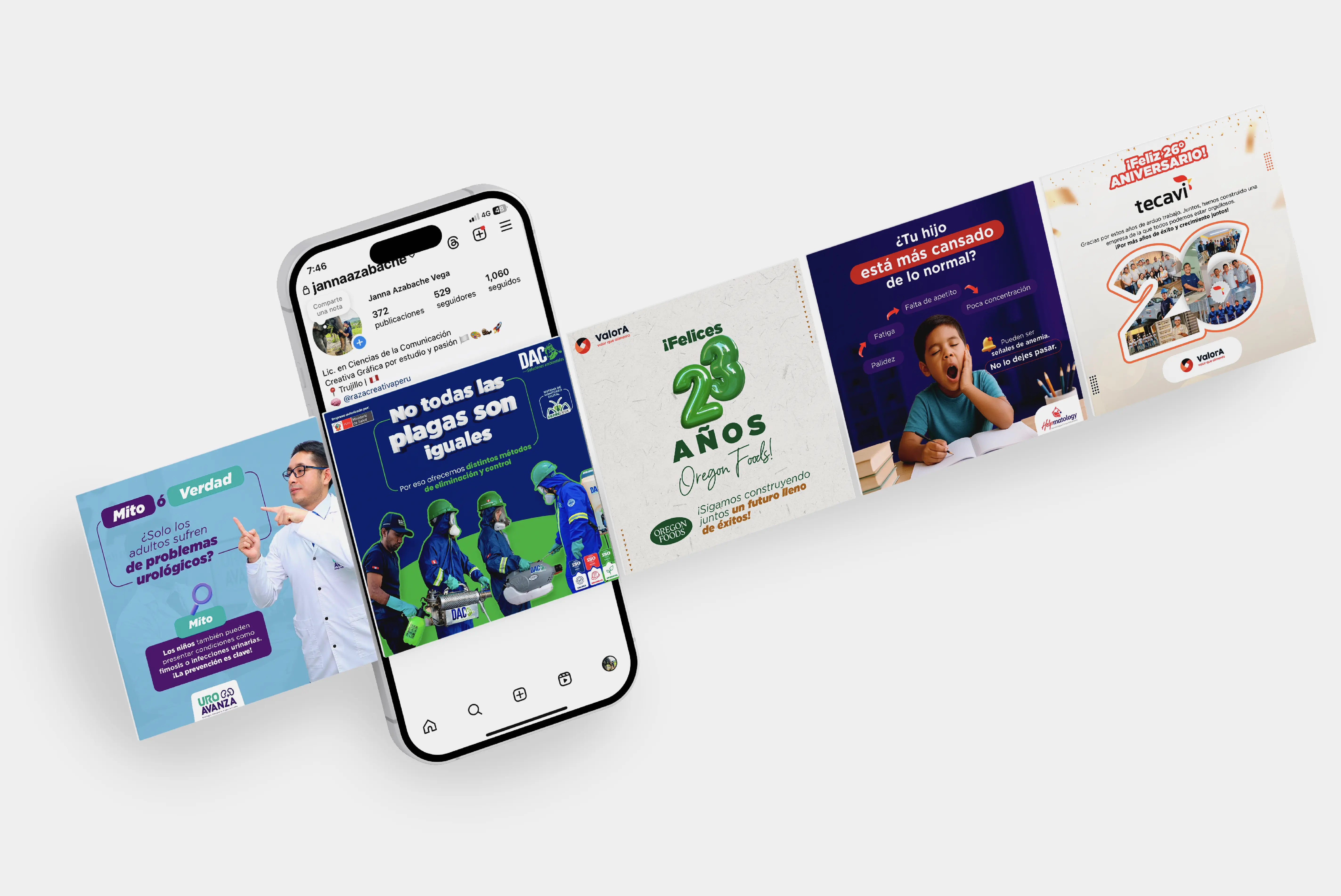 Maqueta de smartphone mostrando un perfil de Instagram y una fila de publicaciones diseñadas para diversas marcas.
