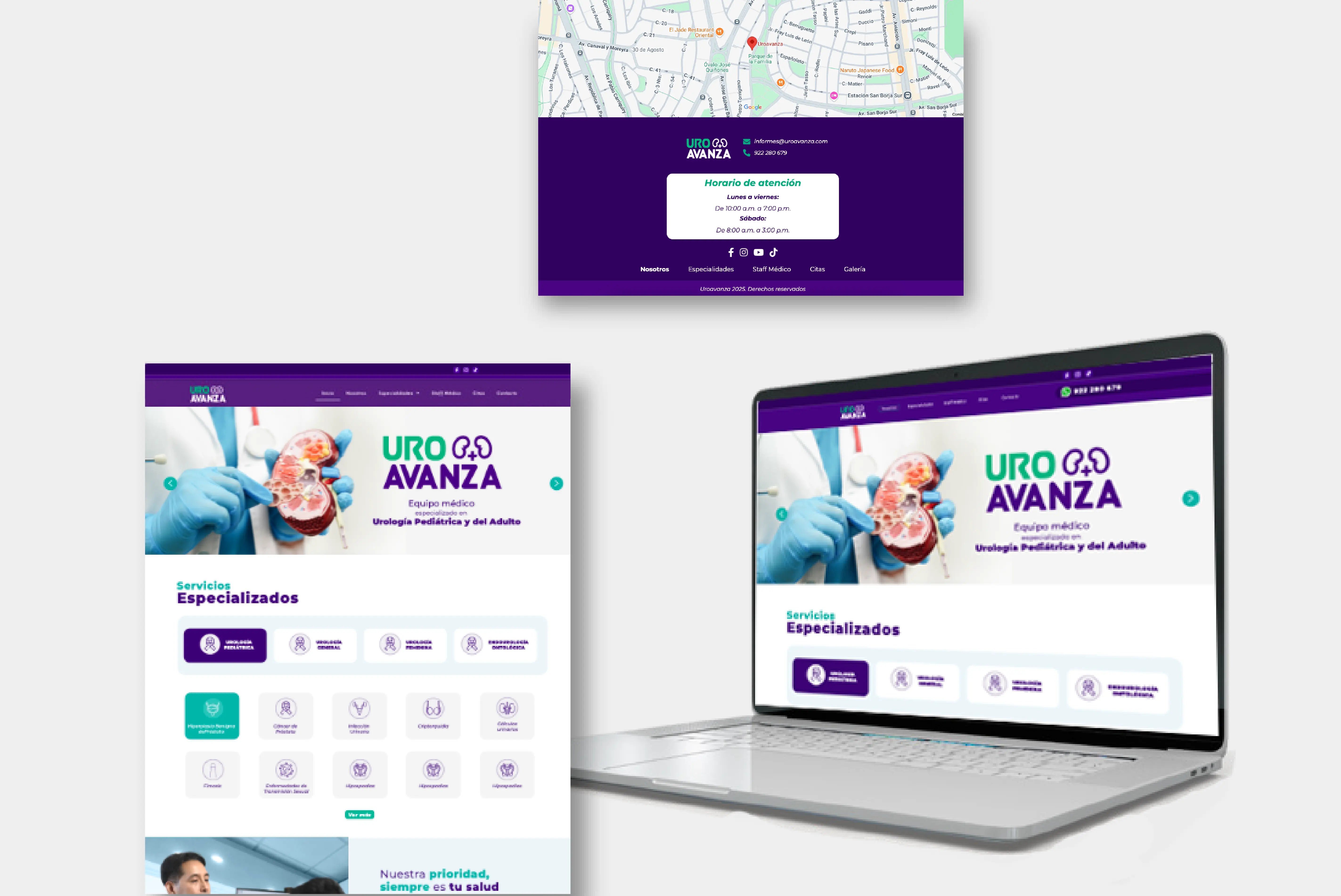 Diseño de interfaz de página web visualizado en mockup de laptop y secciones de escritorio.