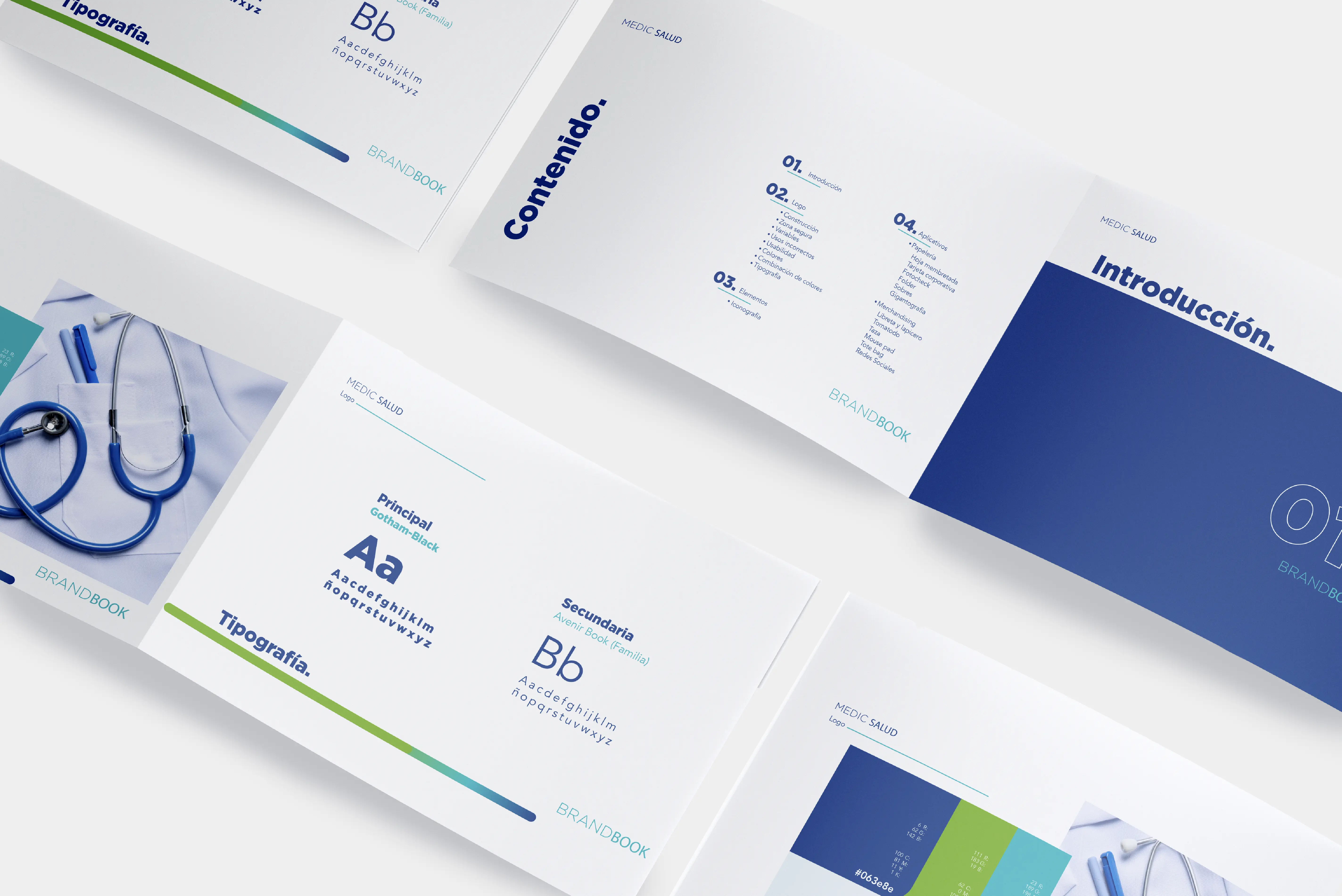 Maqueta de manual de identidad corporativa que muestra secciones de tipografía, colores y logotipo en tonos azules y verdes.