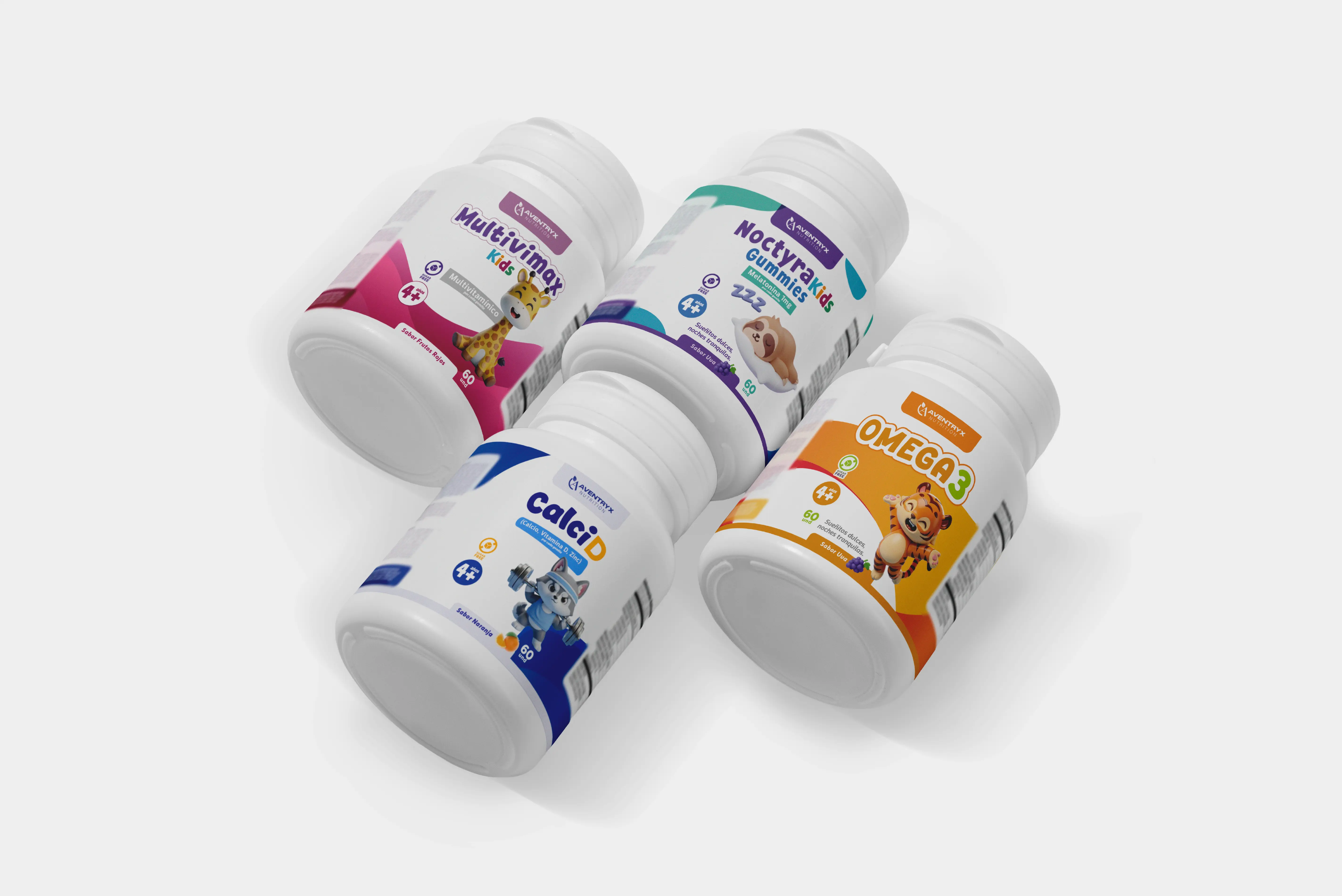 Diseño de etiquetas para linea de productos con tablas nutricionales y códigos de color vibrantes de marca.