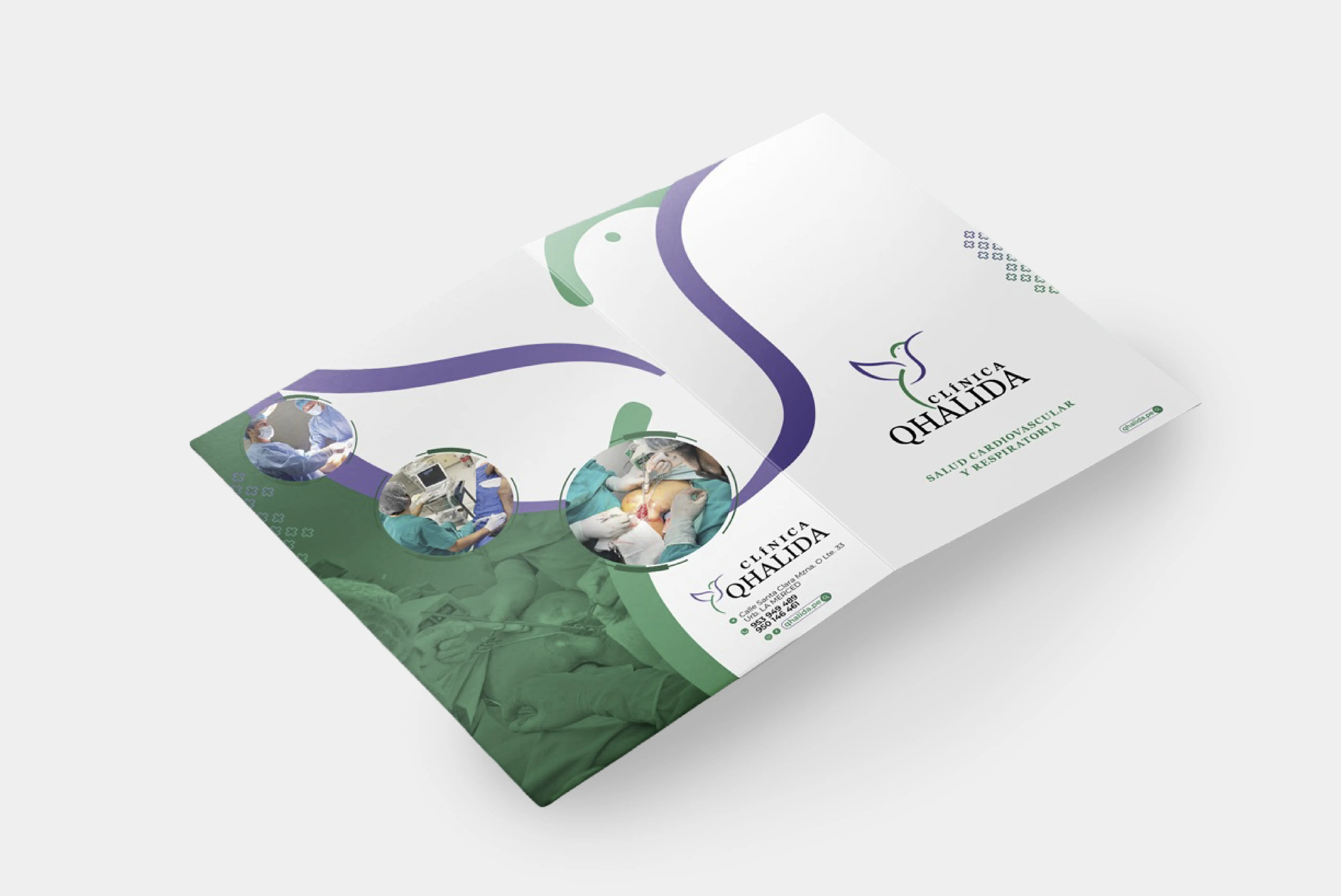 Maqueta de folder abierto con diseño de ambas caras y con un troquel estándar y simulación de plastificado mate.